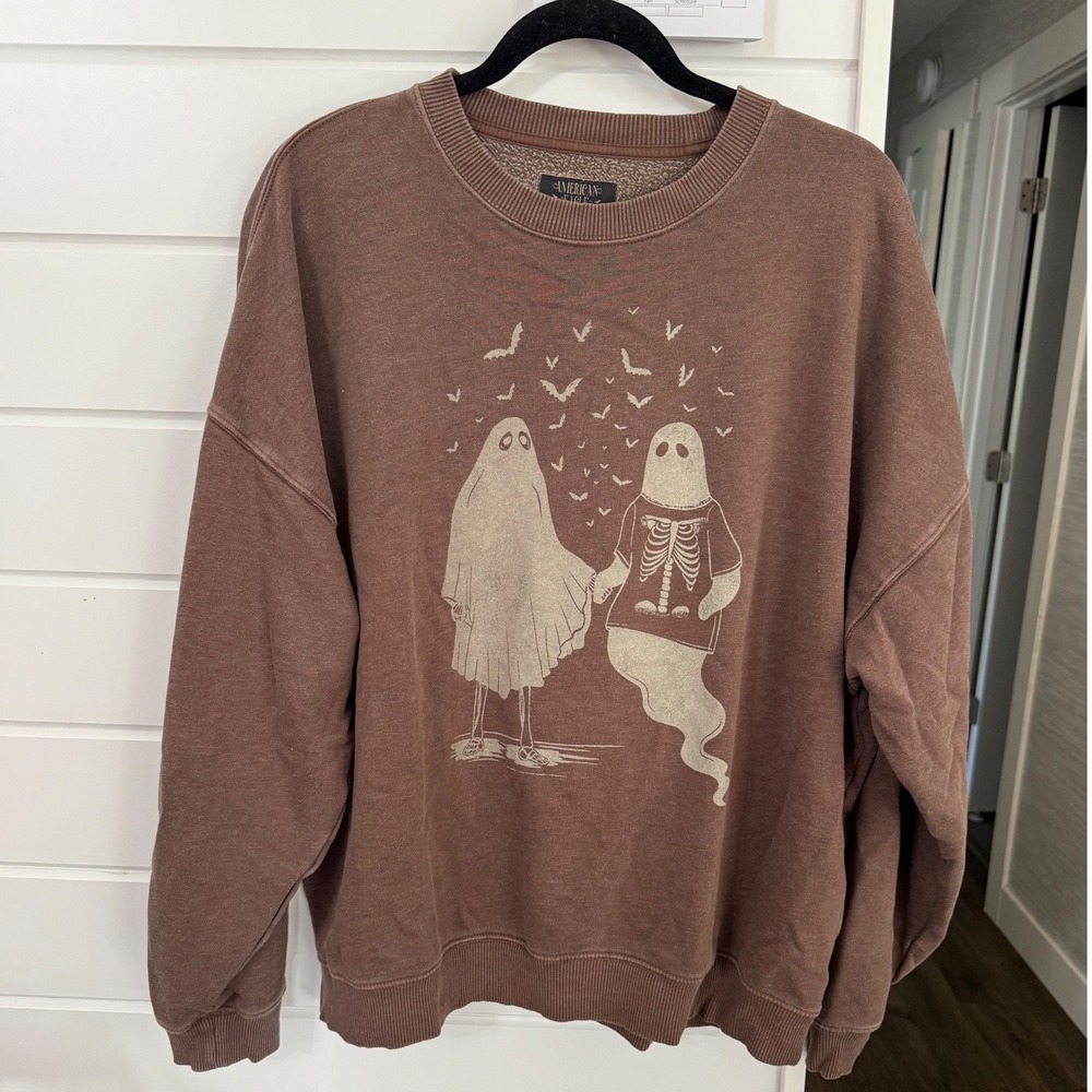American Eagle Halloween Ghost Bat Graphic Sweatshirt Brown Oversized Large